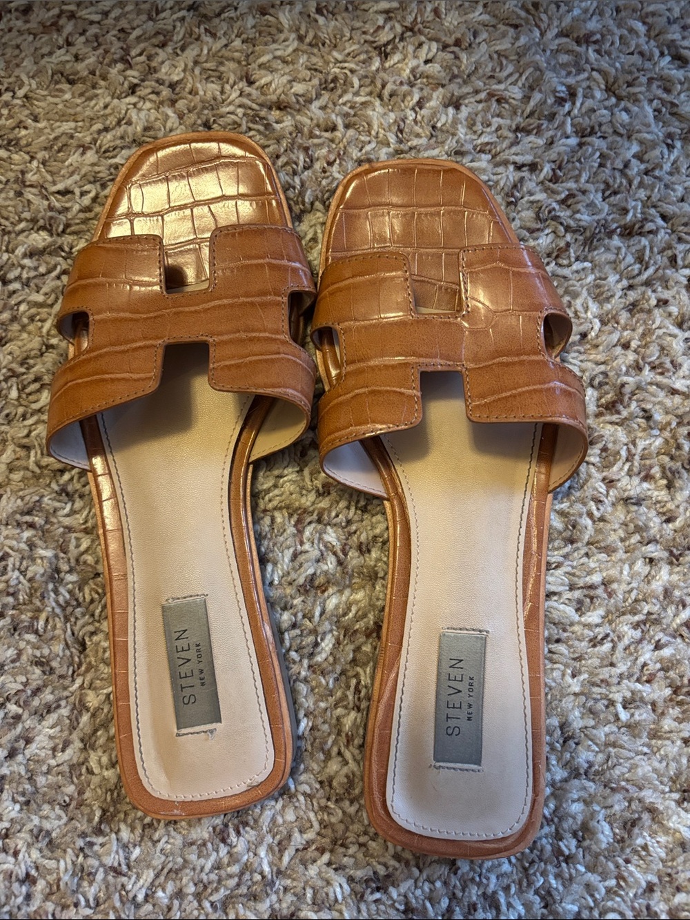 Steven By Steve Madden Tan Croc-Embossed Slide Sandals